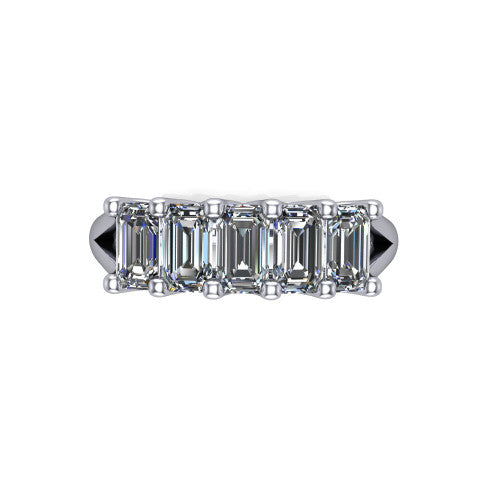 Holly emerald five stone engagement ring in 18K White Gold, top-down view showing five step-cut emerald diamonds aligned across the band in shared 4-prong claws