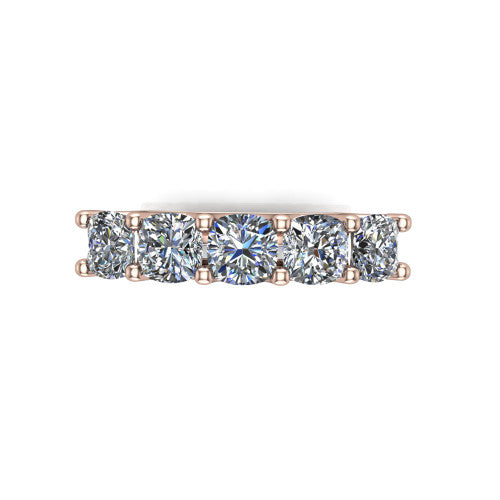 Holly cushion five stone engagement ring in 14K Rose Gold, top-down view showing five brilliant cushion-cut diamonds aligned across the band in shared 4-prong claws