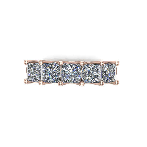 Holly princess five stone engagement ring in 18K Rose Gold, top-down view showing five brilliant princess-cut diamonds aligned across the band in shared 4-prong claws