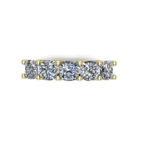 Holly cushion five stone engagement ring in 14K Yellow Gold, top-down view showing five brilliant cushion-cut diamonds aligned across the band in shared 4-prong claws