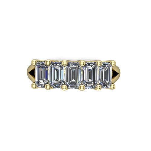 Holly emerald five stone engagement ring in 18K Yellow Gold, top-down view showing five step-cut emerald diamonds aligned across the band in shared 4-prong claws