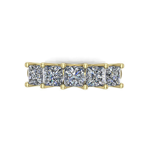 Holly princess five stone engagement ring in 14K Yellow Gold, top-down view showing five brilliant princess-cut diamonds aligned across the band in shared 4-prong claws