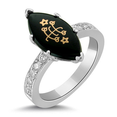 14k White Gold Marquis Onyx Classic Diamond Baha'i Ringstone 14K White Gold
