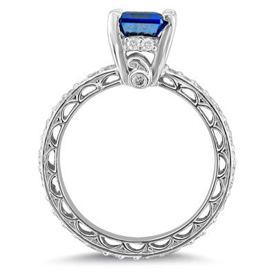 14k White Gold Blue Emerald Cut Bridge Eternity Baha'i Ringstone 14K White Gold