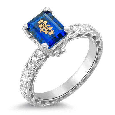 14k White Gold Blue Emerald Cut Bridge Eternity Baha'i Ringstone 14K White Gold