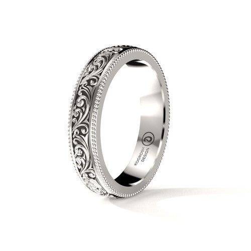 Arash 4 mm scrollwork wedding band in 14K White Gold, three-quarter perspective view (1)