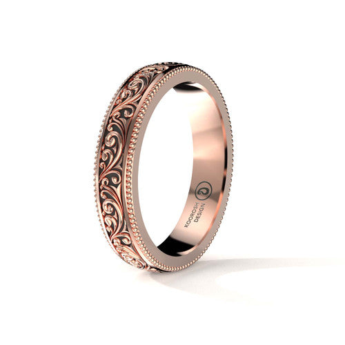 Arash 4 mm scrollwork wedding band in 14K Rose Gold, three-quarter perspective view (1)