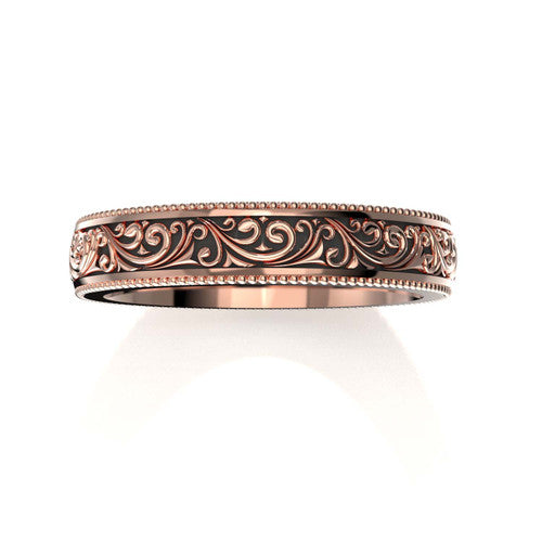 Classic men's rose gold wedding ring with detailed scroll design and engraved borders