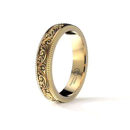 Arash 4 mm scrollwork wedding band in 14K Yellow Gold, three-quarter perspective view (1)