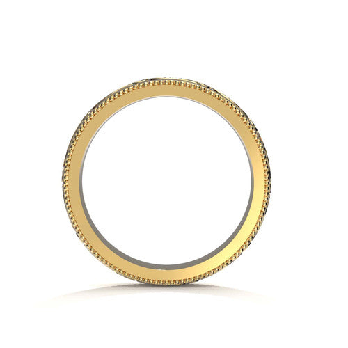 4mm yellow gold wedding band for men with ornate scrollwork and engraved detailing