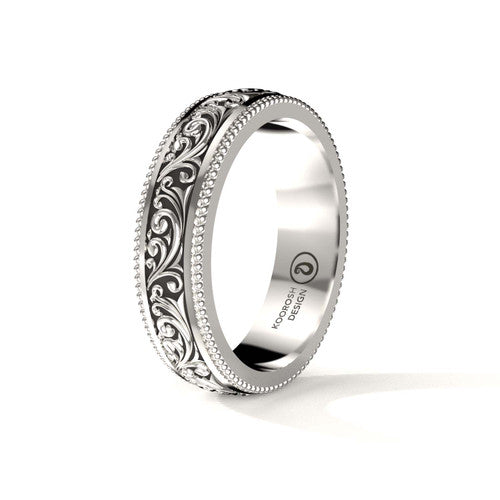 Arash 5 mm scrollwork wedding band in 14K White Gold, three-quarter perspective view (1)