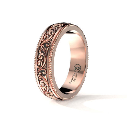 Arash 5 mm scrollwork wedding band in 14K Rose Gold, three-quarter perspective view (1)