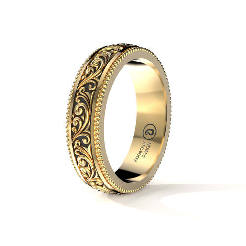 Arash 5 mm scrollwork wedding band in 14K Yellow Gold, three-quarter perspective view (1)