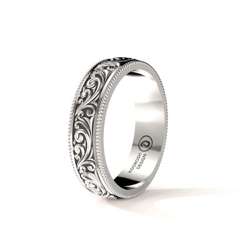 Arash 6 mm scrollwork wedding band in 14K White Gold, three-quarter perspective view (1)