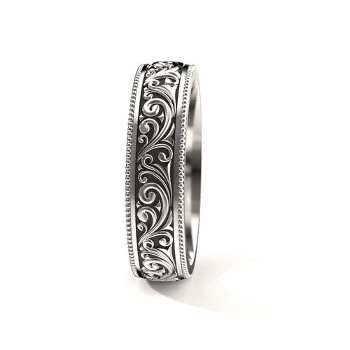 Elegant 14K white gold men's wedding ring with vintage-inspired scrollwork and engraved accents