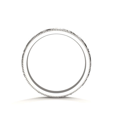 Artistic 6mm men's white gold ring showcasing scrollwork and engraved border craftsmanship