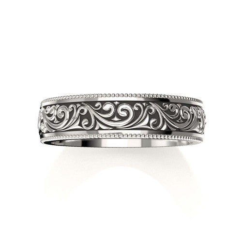 Unique men's wedding band in white gold with engraved details and classic scrollwork