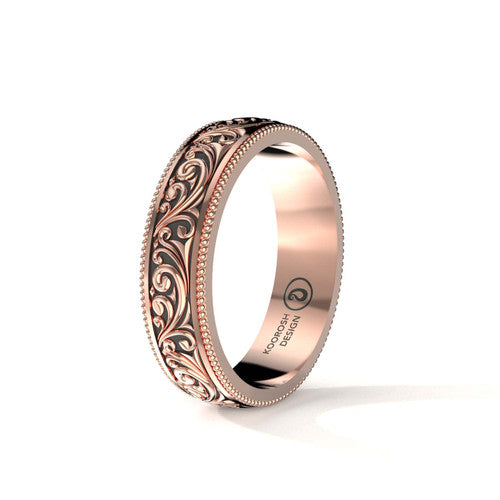 Arash 6 mm scrollwork wedding band in 14K Rose Gold, three-quarter perspective view (1)