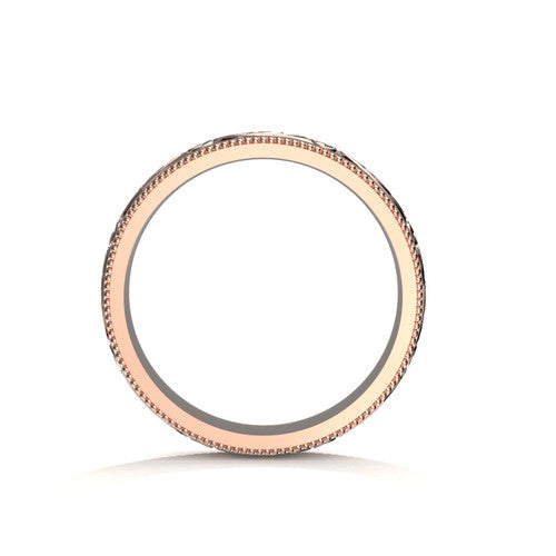 Artistic 6mm men's rose gold ring showcasing scrollwork, engraved border accents, and antiqued texture
