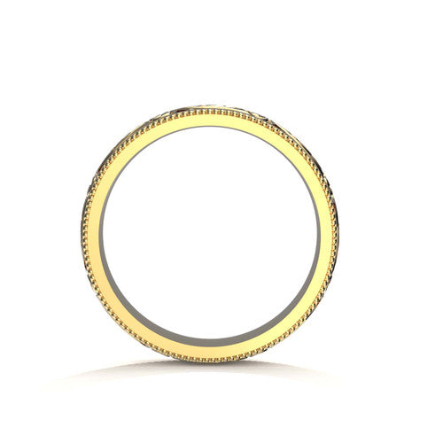 Artistic 6mm men's yellow gold ring showcasing scrollwork and engraved border craftsmanship