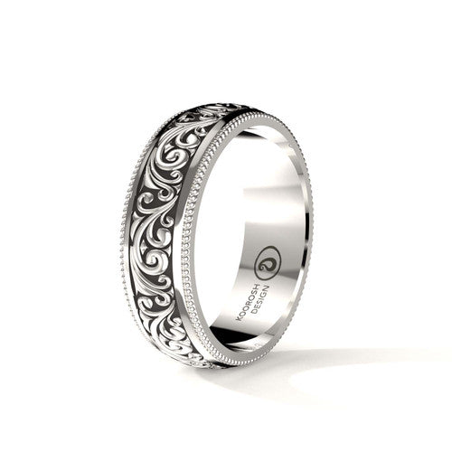 Arash 7 mm scrollwork wedding band in 14K White Gold, three-quarter perspective view (1)