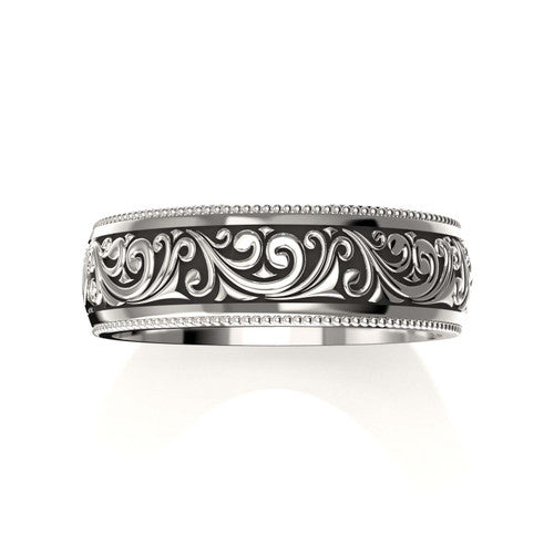 Unique men's wedding band in white gold with engraved details and classic scrollwork