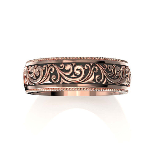 Classic men's rose gold wedding ring with detailed scrollwork design and engraved borders