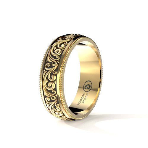 Arash 7 mm scrollwork wedding band in 14K Yellow Gold, three-quarter perspective view (1)