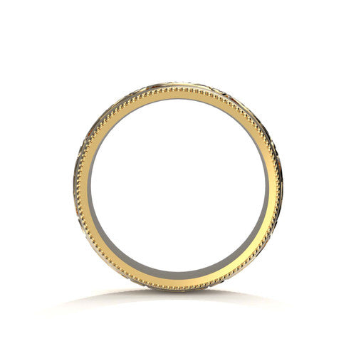 7mm yellow gold wedding band for men with ornate scrollwork and engraved detailing