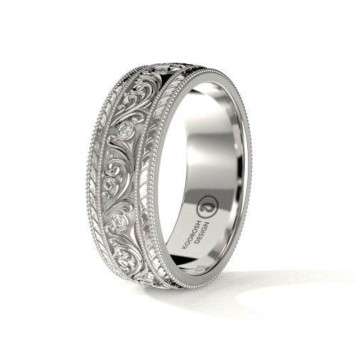 Arash 8 mm diamond scrollwork wedding band in 14K White Gold, three-quarter perspective view (1)