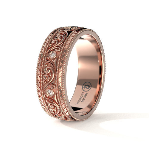 Arash 8 mm diamond scrollwork wedding band in 14K Rose Gold, three-quarter perspective view (1)