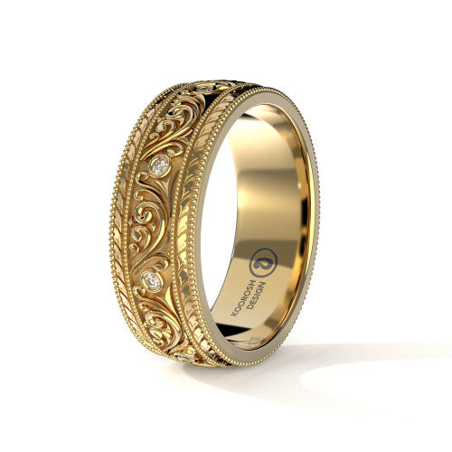 Arash scrollwork engraved wedding band in 14K Yellow Gold, three-quarter perspective view