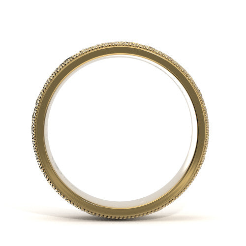 Handcrafted men's wedding ring in 14K yellow gold with engraved design and D-VS1 diamond
