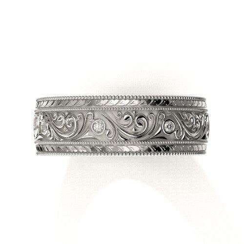 Elegant 14K white gold men's wedding ring with vintage-inspired scrollwork and diamond accents