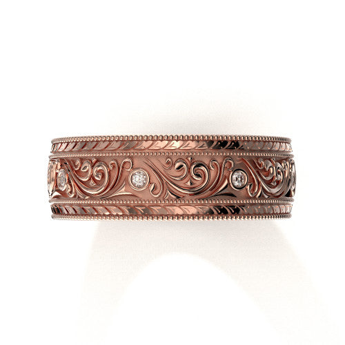 Elegant 14K rose gold men's wedding ring with vintage-inspired scrollwork design and embedded diamonds