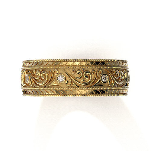 Elegant 8 mm yellow gold wedding ring with intricate scrollwork and diamond accent