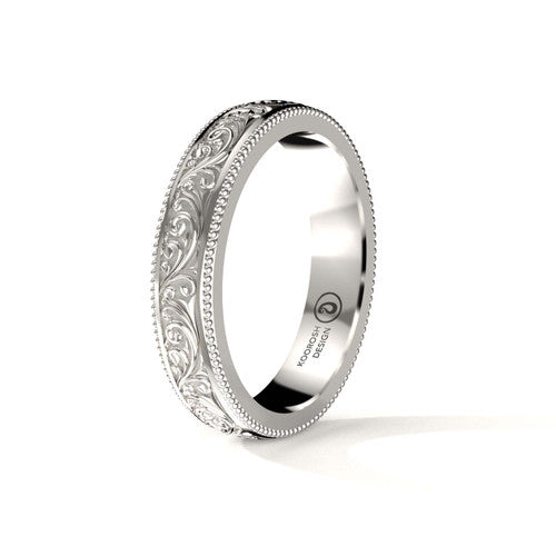 Armaan 4 mm antiqued black scrollwork wedding band in 14K White Gold, three-quarter perspective view (1)