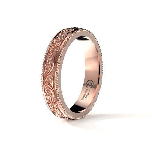 Armaan 4 mm antiqued black scrollwork wedding band in 14K Rose Gold, three-quarter perspective view (1)