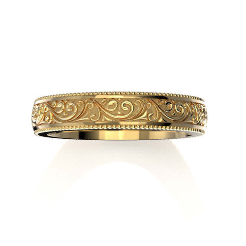 Classic men's yellow gold wedding ring with detailed scroll design and engraved borders