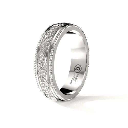 Armaan 5 mm antiqued black scrollwork wedding band in 14K White Gold, three-quarter perspective view (1)