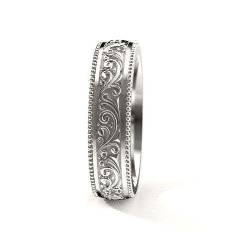 Elegant 14K white gold men's wedding band featuring refined cross-hatch pattern and engraved edges