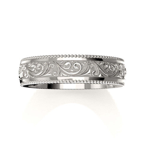 5mm antiqued white gold wedding band for men with ornate scrollwork and engraved detailing