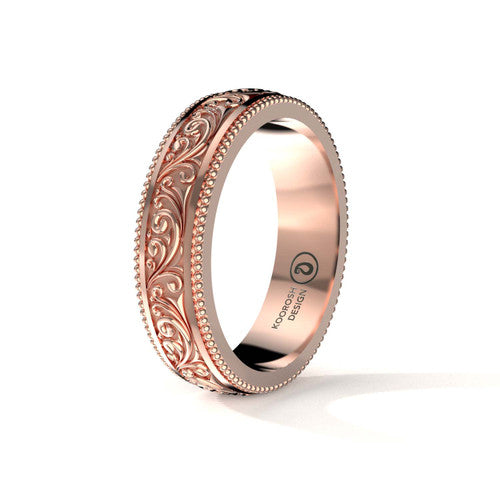 Armaan 5 mm antiqued black scrollwork wedding band in 14K Rose Gold, three-quarter perspective view (1)