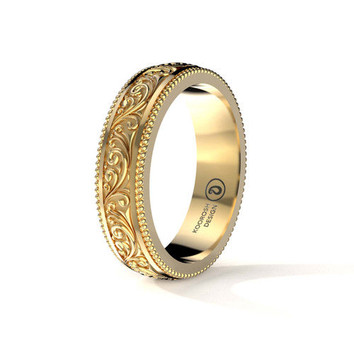 Armaan 5 mm antiqued black scrollwork wedding band in 14K Yellow Gold, three-quarter perspective view (1)