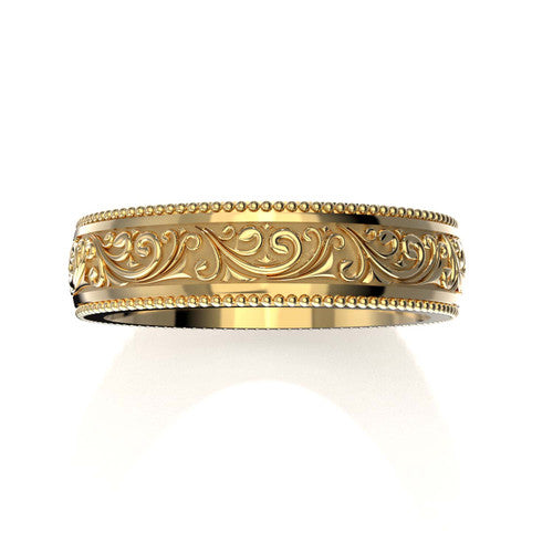 5mm antiqued yellow gold wedding band for men with ornate scrollwork and engraved detailing