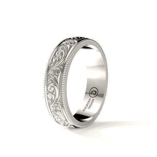Armaan 6 mm antiqued black scrollwork wedding band in 14K White Gold, three-quarter perspective view (1)