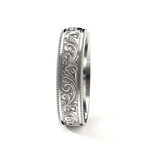 Handcrafted men's white gold wedding band featuring antiqued finish and detailed scrollwork designs