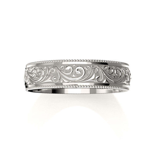 Elegant 14K white gold men's wedding ring with vintage-inspired scrollwork and engraved borders