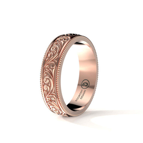 Armaan 6 mm antiqued black scrollwork wedding band in 14K Rose Gold, three-quarter perspective view (1)