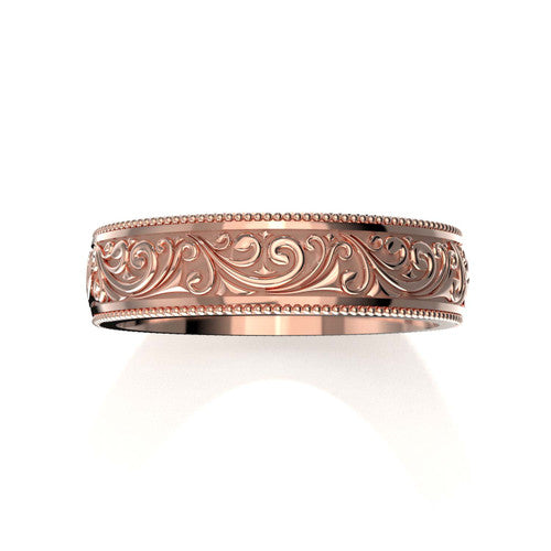 Elegant 14K rose gold men's wedding ring with cross-hatch scrollwork pattern and engraved edges